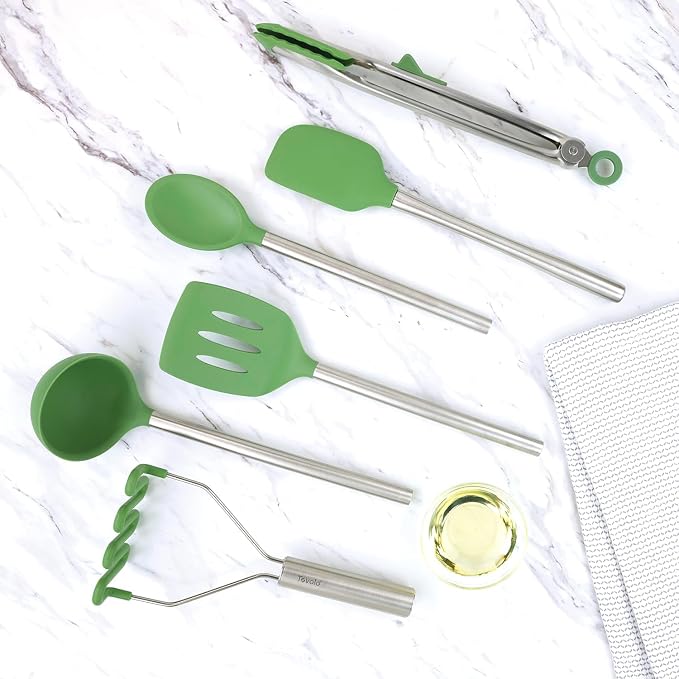 Tovolo Silicone Cooking Utensil Set of 6 Stainless Steel Handle Ladle Slotted Turner Tongs Flex Core Spatula Scraper Mixing Spoon & Potato Masher, Dishwasher Safe BPA Free Utensils, Pesto Green