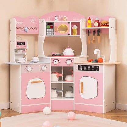 Costzon Corner Play Kitchen, Wooden Kids Kitchen Playset with Lights & Sound, Coffee Maker, Washing Machine, Oven, Microwave, Toddler Toy Kitchen for Pretend Play, Gift for Boys Girls 3+ (Pink)