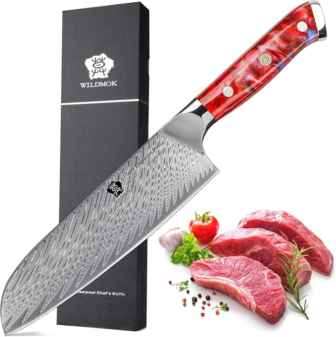 WILDMOK Santoku Knife 7 inch, Professional Japanese VG 10 Damascus steel Santoku Knife, Knives with Ergonomic Full Tang Resin handle, suitable Home Kitchen and Restaurant