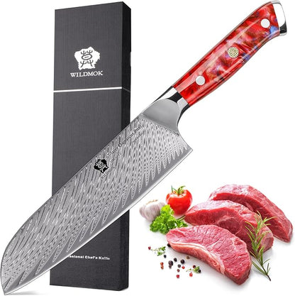WILDMOK Santoku Knife 7 inch, Professional Japanese VG 10 Damascus steel Santoku Knife, Knives with Ergonomic Full Tang Resin handle, suitable Home Kitchen and Restaurant