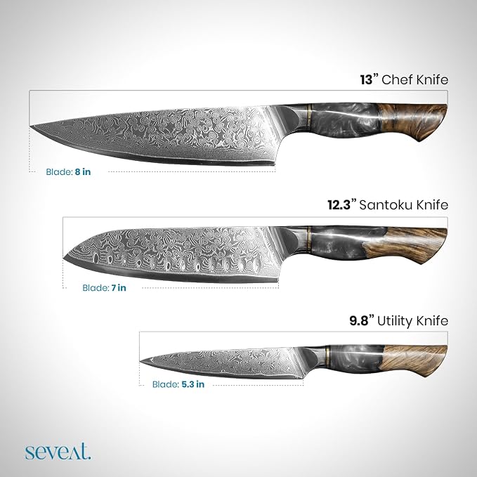 Damascus Kitchen Knife Set | 67-Layer Damascus Steel | Professional Set: 13” Chef, 12.3” Santoku & 9.8” Utility Knife | Ergonomic Wood & Resin Handle | Gift Box Included (Black, 3-Piece Set)