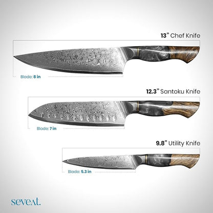 Damascus Kitchen Knife Set | 67-Layer Damascus Steel | Professional Set: 13” Chef, 12.3” Santoku & 9.8” Utility Knife | Ergonomic Wood & Resin Handle | Gift Box Included (Black, 3-Piece Set)