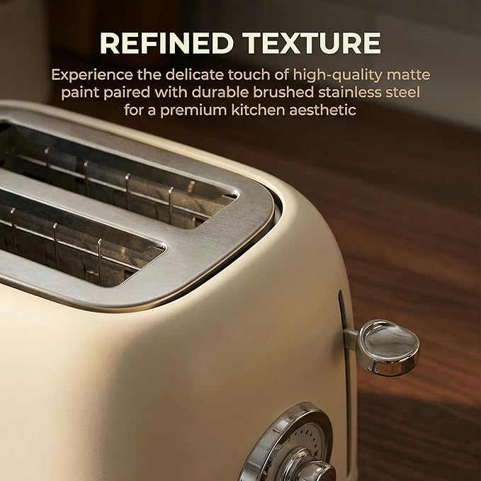 2 Slice Toaster, Retro Stainless Steel Toaster with Wide Slots, 6 Browning Settings & High Lift, Premium Glossy Finish, Removable Crumb Tray, Compact Modern Toast Maker for (Ivory White)