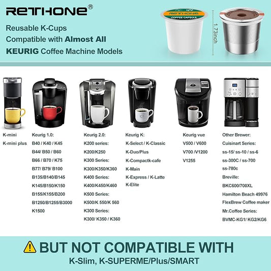 RETHONE K Cup Reusable Coffee Pods, Stainless Steel Reusable K Cups Compatible with Keurig 1.0 & 2.0 Coffee Machines Brewers Refillable K Cups (3 Pack)