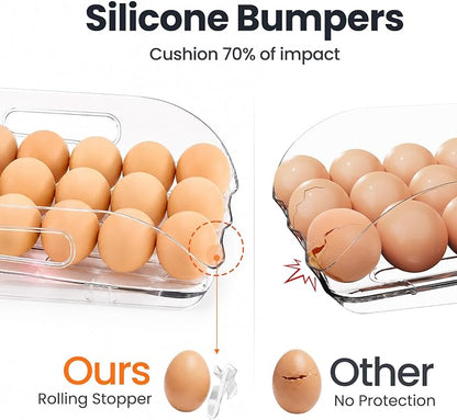 SMRCAD Egg Holder for Fridge, Automatic Steady Rolling Egg Dispenser with Silicone Bumpers & Handle for Refrigerator, Large Capacity Egg Organizer with Lid