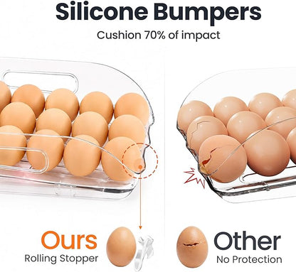 SMRCAD Egg Holder for Fridge, Automatic Steady Rolling Egg Dispenser with Silicone Bumpers & Handle for Refrigerator, Large Capacity Egg Organizer with Lid