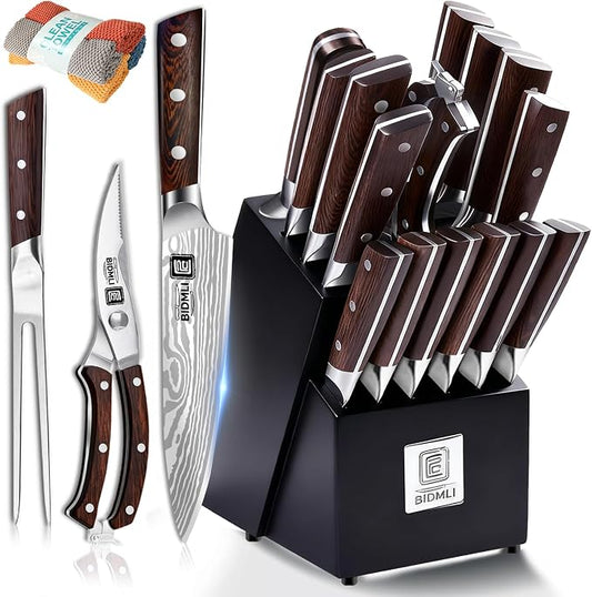 17-Pack kitchen knife set, wooden blocks,sharp high carbon stainless steel blades,hardwood handles,Sharpener,chicken bone clipper,microfiber towels,gift packaging,for families, restaurants, chefs.