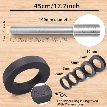 Adjustable Rolling Pin with Thickness Rings for Baking -Non Stick Stainless Steel Dough Roller Pin with Bands for Cookie,Wood,Wooden and Bread (Grey, 17.5'')