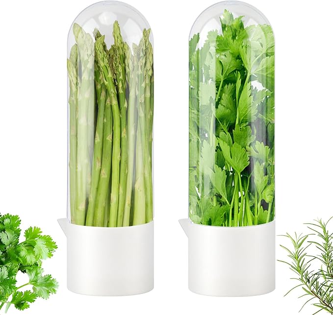 Fresh Herb Saver Cilantro Storage Containers for Refrigerator, Transparent Herbs Saver fits Fridge Asparagus Parsley Mint Leaves, Keeps Greens Vegetables for 2-3 Weeks(SIZE:2 pcs)