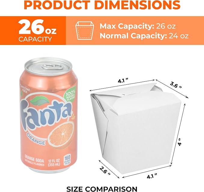 Fit Meal Prep 50 Pack 26 oz 4 x 3 Rectangle Paper Chinese Take Out Food Containers, Plain White Half Quart Chinese Asian To Go Boxes