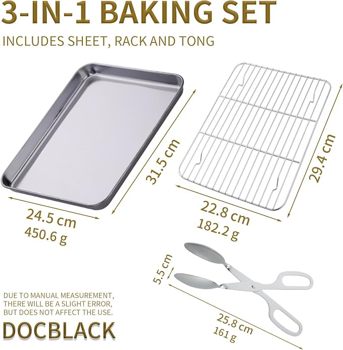 DOCBLACK Baking Sheet with Wire Rack and BBQ Tong Set, Stainless Steel Cookie Sheet Baking Tray & Cooling Rack & 26cm Food Tong for Cooking and Oven, Dishwasher Safe-Silver