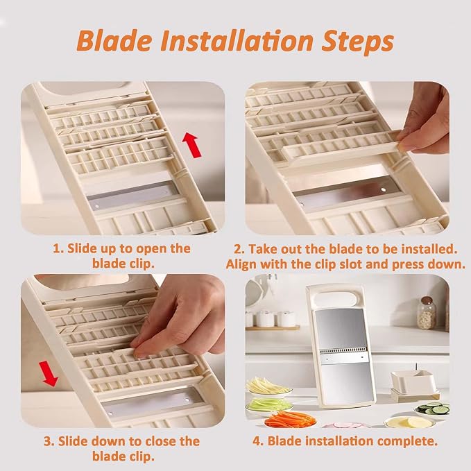 Mandoline Food Slicer for Kitchen, Potato, Tomato, Carrot, Onion, Vegetable and Fruit Cutter, with 4 Stainless Steel Blades and 1 Safety Guard, BPA-Free Plastic Body