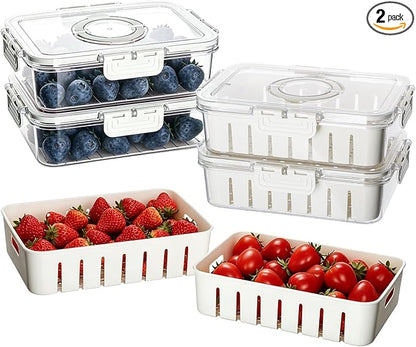 Fruit Storage Containers for Fridge, Strawberry Containers for Fridge with Handle, 2 Pack Keepers with Removable Mesh Screen, Berry Saver for Fresh Fruit, Stays Fresh, Simple to Clean