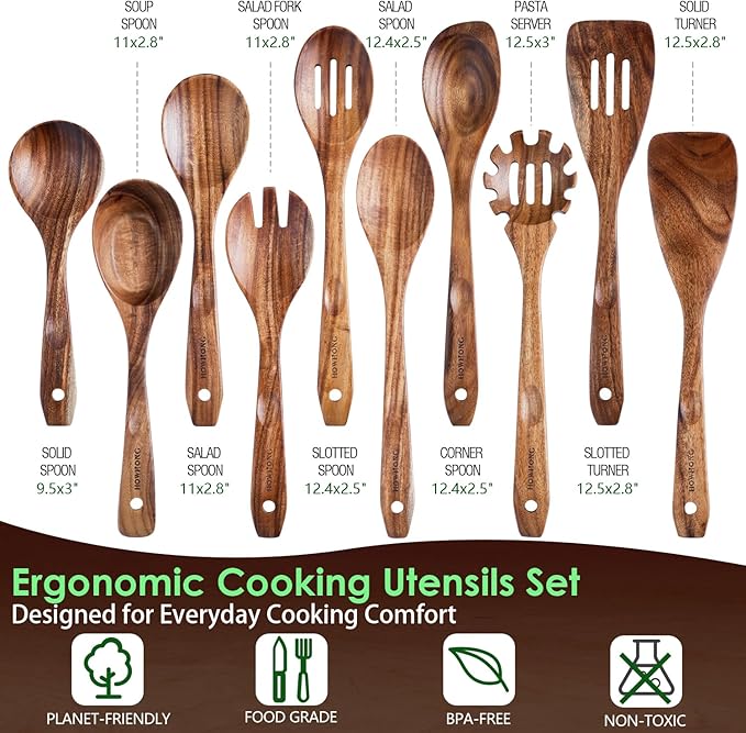HOWHONG Wooden Cooking Utensils Set, Acacia Wood Wooden Spoons for Cooking with Thumb Rest, Ergonomic Curved Handle, Smooth Finish, Nonstick Safe, Gift Ready