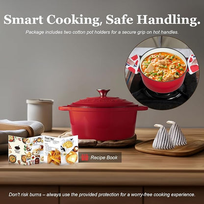 Overmont Enameled Cast Iron Dutch Oven - 7QT Pot with Lid Cookbook & Cotton Potholders - Heavy-Duty Cookware for Braising, Stews, Roasting, Sourdough Baking red