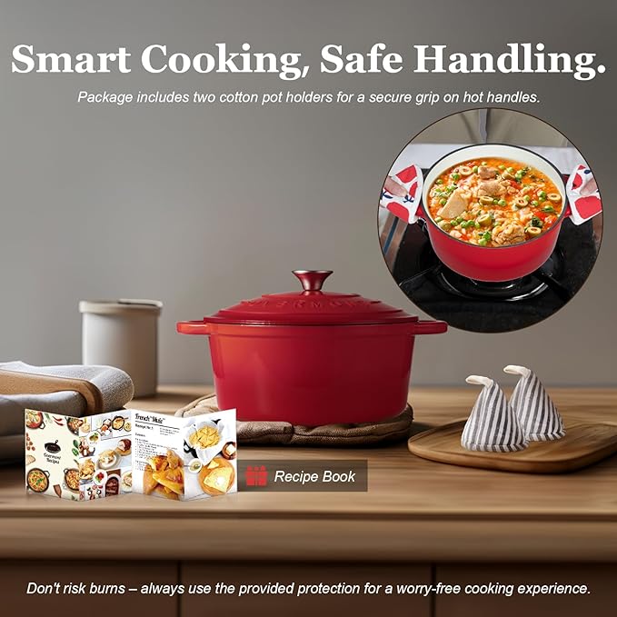 Overmont Enameled Cast Iron Dutch Oven - 4.5QT Pot with Lid Cookbook & Cotton Potholders - Heavy-Duty Cookware for Braising, Stews, Roasting, Sourdough Baking red