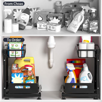 L-Shaped Under Sink Organizer, 2 Pack 2-Tier Pull Out Metal Kitchen Cabinet Organizer with Sliding Storage Drawer, Height Adjustable Heavy Duty Under Bathroom Sink Storage for Cleaning Supplies