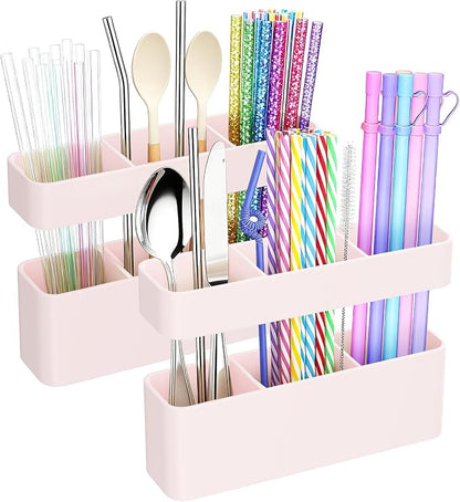 MoodLife 2-Pack Silicone Straw Holder for Cabinet Door,Reusable Adhesive Container for Kitchen Storage Solutions, Cupboard Organizer and Space Saving Hacks (Pink)