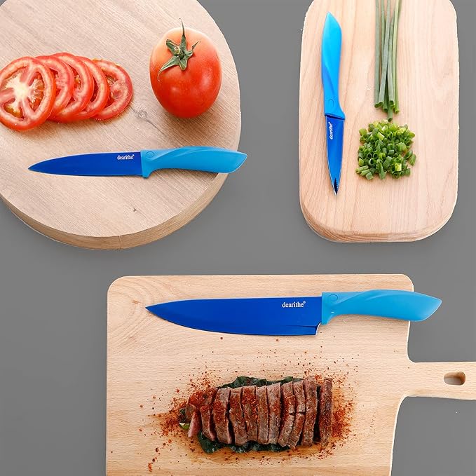 7 Piece High Carbon Stainless Steel Kitchen Knives Sets, Knife Block Set with Knife Sharpener,Professional Chef Knife Set with Block Acrylic, Plating Titanium Blue for Rust Proof and Sharp