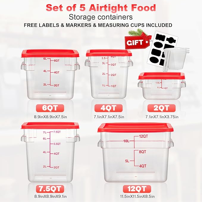 2QT&4QT NSF Food Storage Containers with Lids: 4 PCS [Total Food Grade][Hot&Cold Resistant] Commercial Clear Food Storage Containers for Restaurant Kitchen Proof Dough (Red)