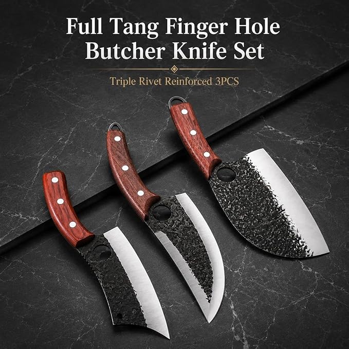 DRAGON RIOT Professional Butcher Knife Set for Meat Processing, 3Pcs High Carbon Steel Hand Forged Serbian Cleaver Chef Knife Set with Ergonomic Handles for Kitchen Outdoor Cooking
