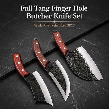 DRAGON RIOT Professional Butcher Knife Set for Meat Processing, 3Pcs High Carbon Steel Hand Forged Serbian Cleaver Chef Knife Set with Ergonomic Handles for Kitchen Outdoor Cooking