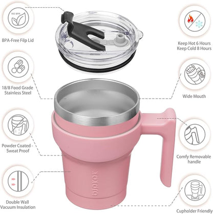 BJPKPK 10oz Tumbler With Handle Insulated Tumbler Cups With Lid And Straw Reusable Stainless Steel Double Wall Travel Mugs,Light Pink