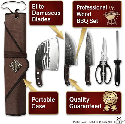 KOFERY Hand Forged Butcher Knife Set with Full Tang Damascus Steel for Pit Master BBQ, Smoking Meat and Meat Carving, Including Roll Bag, Shears and Sharpener for Outdoor Camping Gifts for Men