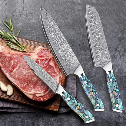 KEENZO 3PCS Kitchen Knife Set,Professional kitchen knives with 8" Chef knife,7" Santoku knife,5" Utility Knife,Japanese Hand Forged Damascus Steel Cooking knife set,Ergonomic Abalone Shell Handle