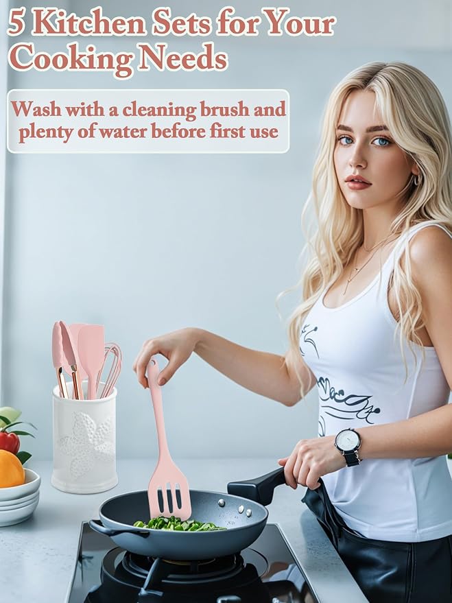 Kitchen Utensil Set,5 Pcs Mini Silicone Cooking Utensils Sets,Heat Resistant Non Stick Kitchens Gadgets BPA-Free Spatula Set,Kitchen Set for Cooking(Pink)