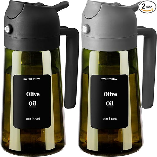 SWEET VIEW 2PCS Olive Oil Dispenser and Oil Sprayer – 16oz/470ml Glass Light-Proof Oil Pourer for Kitchen Air Fryer, Cooking, Salad, and BBQ, with Stickers