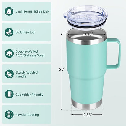 20oz Tumbler Bulk with Lid, Stainless Steel Tumbler Bulk with Handle, Metal Insulated Travel Coffee Mug Set with Handle, Double Wall Vacuum Leak Proof Tumbler Cup, Mint Green 6 Pack