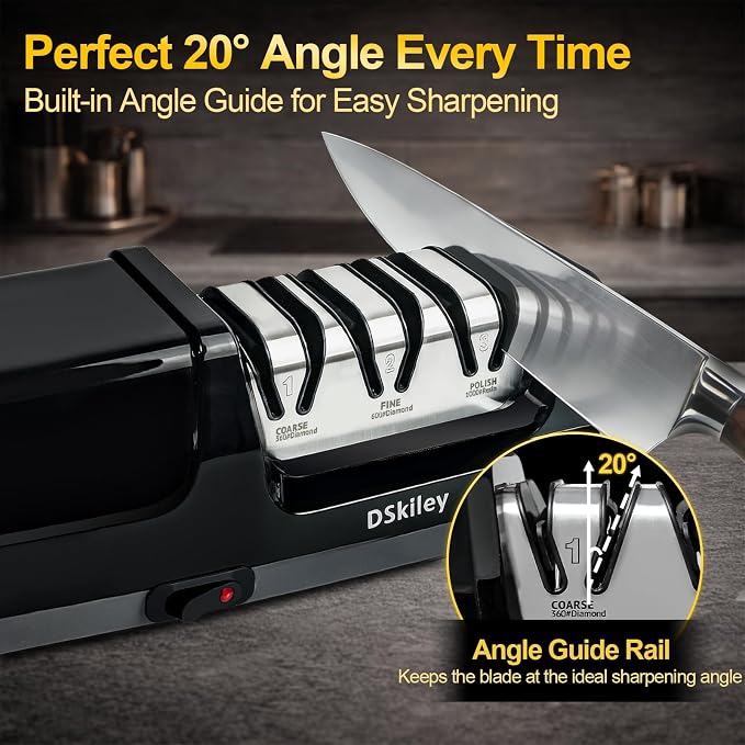 Electric Knife Sharpener for Kitchen – Professional 3-Stage 100% Diamond System with 20° Precision Angle, Fast Sharpening to Restore & Polish Chef Knives (Silver)