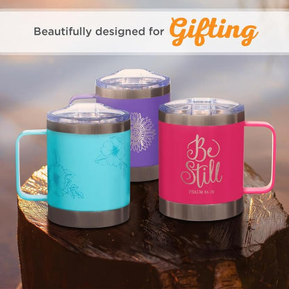 Christian Art Gifts Stainless Steel Double Wall Vacuum Insulated Camp Style Travel Mug 11 oz Purple Coffee Mug with Lid for Women - She is Clothed with Strength & Dignity -Proverbs 31:25