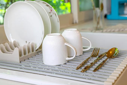 Large Aluminum Roll Up Dish Drying Rack (20.5" x 13") - Fits Sinks up to 19.5 Inches, Heavy Duty Square Bar, Rust-Proof & Heat Resistant with Removable Dish Holder (Beige Large)