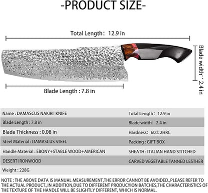 7.9in nakiri chef knife,handmade damascus steel blade ebony handle,japanese style kitchen vegetable knife with leather sheath,cutting cooking knives for kitchen