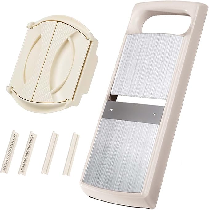 Mandoline Food Slicer for Kitchen, Potato, Tomato, Carrot, Onion, Vegetable and Fruit Cutter, with 4 Stainless Steel Blades and 1 Safety Guard, BPA-Free Plastic Body