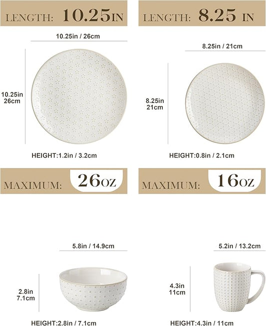 MALACASA 16 Pieces Dinnerware Sets, Modern Relief Design Plates and Bowls Sets, White Dish Set for 4, Kitchen Ceramic Dinner Plates Dishware Set, Microwave and Dishwasher Safe, Series LYDIA