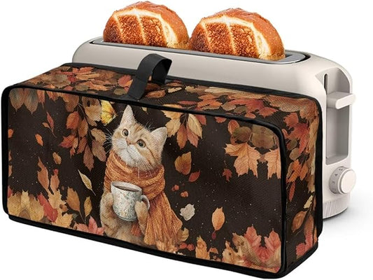 Thanksgiving Toaster Cover 2 Slice Water-Resistant Folding 2 Slice Slim Toaster Cover, Cat Maple Leaf Print Dustproof Protective Covers for Small Appliance