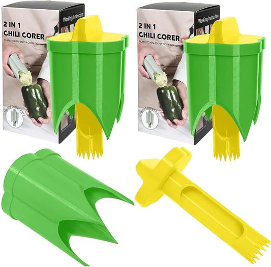 Pepper Corer, 2 in 1 Red Bell Pepper Seed Corer Remover Tool, Fruit & Vegetable Corers Quick Cave Tools for Jalapeno Cutter Deseeder, Yellow Green, 2 PCS