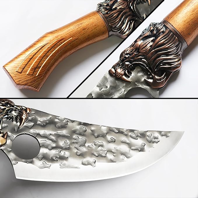 7PCS Butcher Knife Set for Home Kitchen, High Carbon Steel Hand Forged Chef Knives for Butchering, Meat Processing and Cutting, BBQ Cleaver & Bone Chopper, Fillet, Hammered Blade