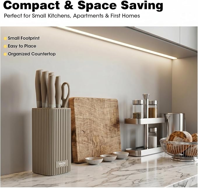 Knife Set, Kitchen Knife Set with Block, 7 Pcs Compact Knife Set, Knife Block Set Space Saving Stainless Steel Kitchen Knives with Scissors for Small Kitchens, Apartment & Everyday Cooking