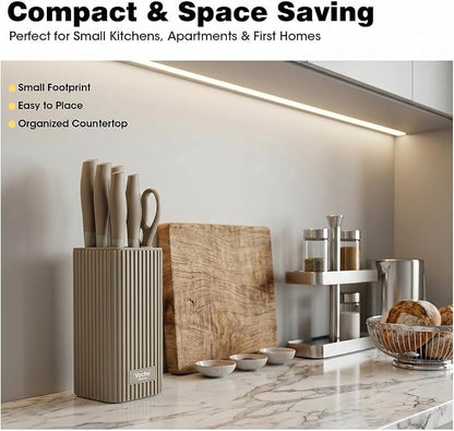 Knife Set, Kitchen Knife Set with Block, 7 Pcs Compact Knife Set, Knife Block Set Space Saving Stainless Steel Kitchen Knives with Scissors for Small Kitchens, Apartment & Everyday Cooking