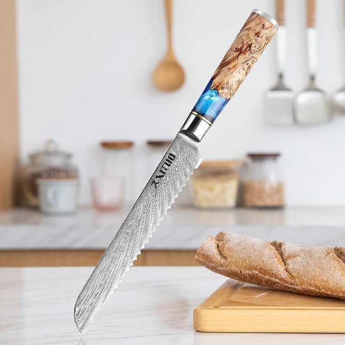 XITUO VG10 Damascus Steel 4-Piece Japanese Chef Knife Set, Blue Resin & Wood Handle, 8" Chef Knife, 8" Bread Knife, 6" Boning Knife, 5" Utility Knife, Gift Box