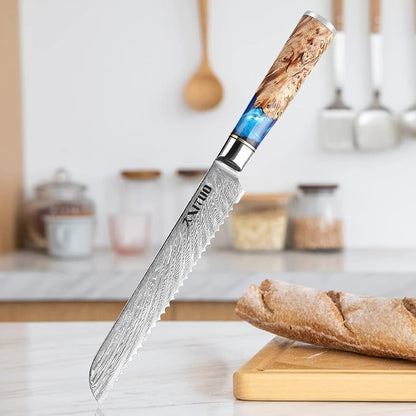 XITUO VG10 Damascus Steel 4-Piece Japanese Chef Knife Set, Blue Resin & Wood Handle, 8" Chef Knife, 8" Bread Knife, 6" Boning Knife, 5" Utility Knife, Gift Box