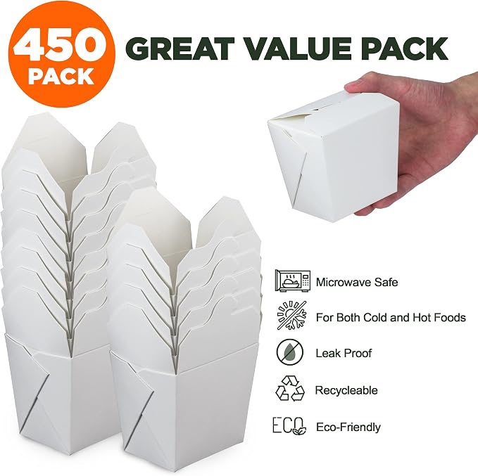 Fit Meal Prep [450 Pack 16 oz 4 x 3 Rectangle Paper Take Out Food Containers, Plain White Half Quart Chinese Asian To Go Boxes