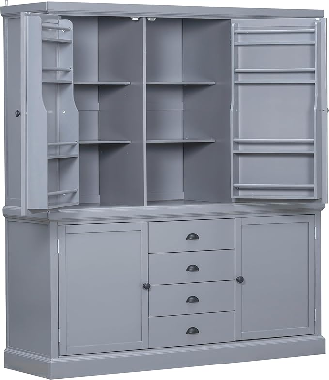 VilroCaz Freestanding Large Kitchen Pantry, Wooden Kitchen Organizers and Storage Cabinet with 4 Drawers, Cupboard, 5 Doors, Adjustable Shelves for Dining Room (Gray-3.15)