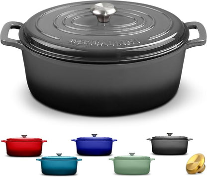 ROSSALLINI Signature Enameled Cast Iron Oval Dutch Oven | Non-Stick Serving Pot with Tight Fitting Lid for Perfect Roasting, Baking, Sauteing, and Bread Making | 9.5Q [Oyster Grey]