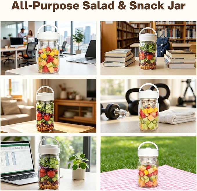 CLEANGOR 4 Pack 32 oz Glass Salad Jars Meal Prep Containers, Leakproof Mason Jars with Handle, 3 Built-in Divider Cups Wet/Dry Separation for Dressing Nuts Dry Ingredients, Ideal for Office Lunch Gym