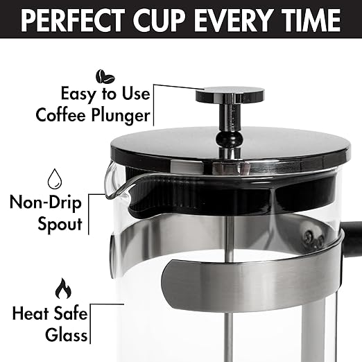 Primula French Press Coffee Maker, Temperature Safe Borosilicate Glass with Stainless Steel Filters, Premium Design and Quality, 34-Ounces, 8-Cup, Silver